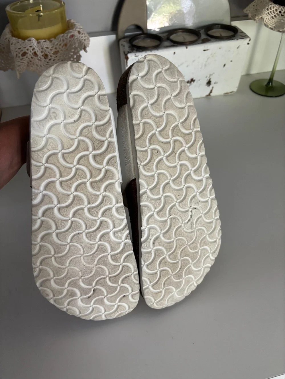 Birkenstock White Leather Slip-On Sandals with Cork Footbed - Picture 8 of 8
